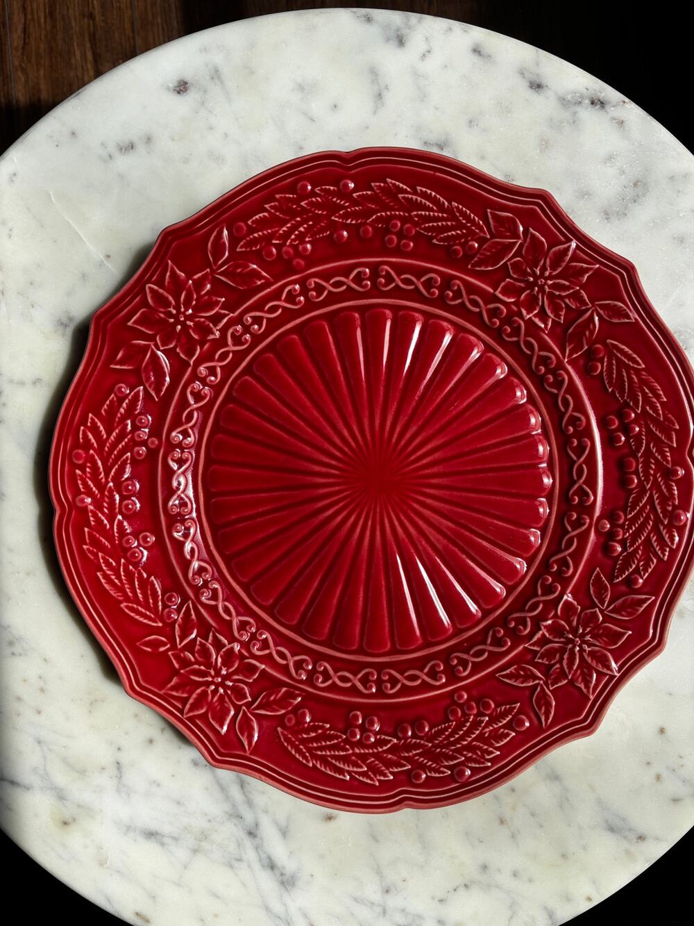 Bordallo Pinheiro Portugal Red Poinsettia Holly Charger Plate 12" ChristmasDecor